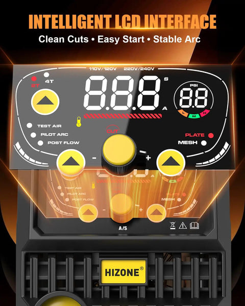 LCD display of 55 Amp Plasma Cutter With High Frequency Pilot Arc Non-Touch Start, showing control settings and buttons.