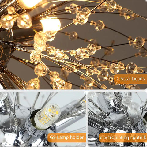 Details of Crystal Sputnik Chandelier With Dandelion Firework Style, Dope 12 Light Modern Pendant Fixture showing beads and G9 holder