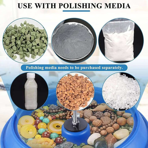 Assorted polishing media for Electric Vibrating Polisher Kit For Metal Parts Pro Grade Rock Roller Tumbler shown in a display.