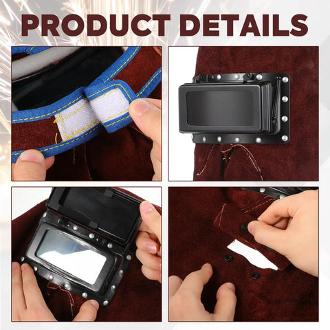 Close-up of welding helmet mask with flip-open lens, leather hood showing sweat absorption fabric, heavy-duty design details.