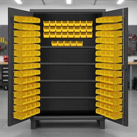 Heavy Duty Gray Steel Storage Cabinet With Four Adjustable Shelves And 144 Organizational Bins, open doors displaying bins inside.