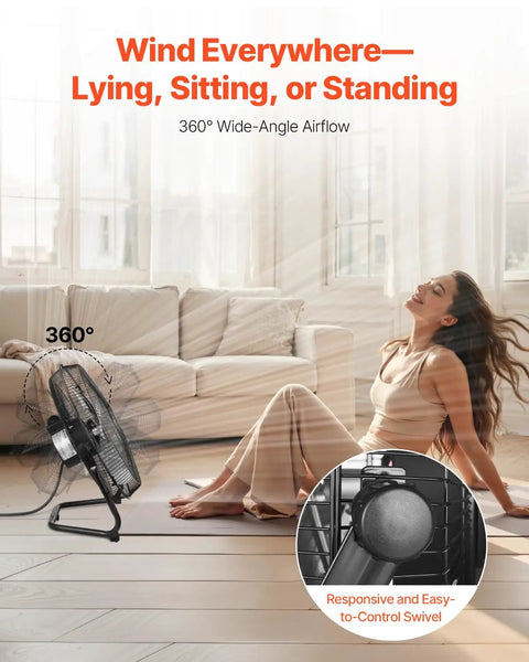 Heavy Duty 14 Inch Floor Fan Becomes A Cooling Beast With 2560 CFM Airflow, woman sitting near fan in living room