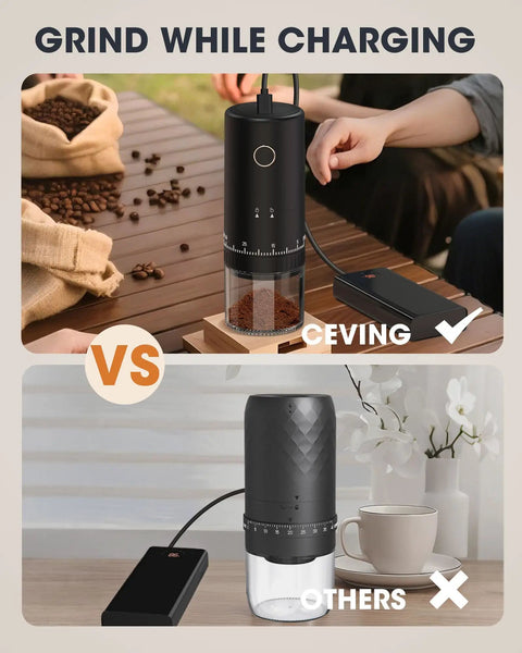 Heck Yeah Rechargeable Coffee Grinder With Blazing Fast Conical Ceramic Burr 38 Adjustable Grind Settings charging with coffee beans.