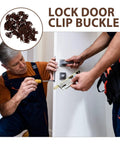 Two people installing 20 Pack Plastic Ball Catch Latches For Cabinets And Cupboards on a white door.