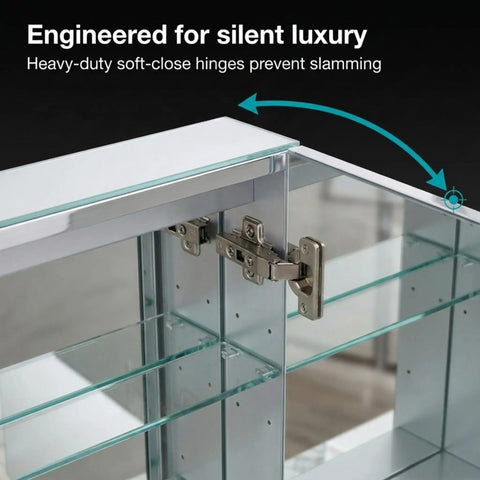 Heavy Duty Anodized Aluminum Bathroom Medicine Cabinet featuring adjustable tempered glass shelves and mirrored interior, soft-close hinges.