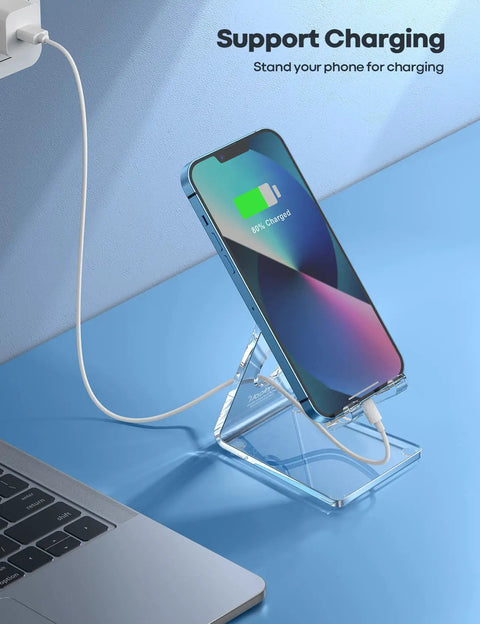 Clear Acrylic Cell Phone Stand For Your Desk And Office, A Slick Hands Free Phone Holder That Keeps 4-8 Inch Screens Front And Center with phone charging