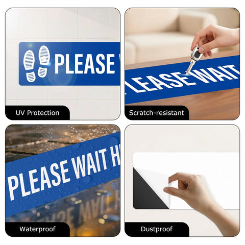 Five Piece Please Wait Here Floor Sign Kit 26 By 6 Inches Self Adhesive Waterproof Vinyl, Durable Social Distancing Markers For Queues And Waiting Areas, Multipack Signage For Busy Shops.