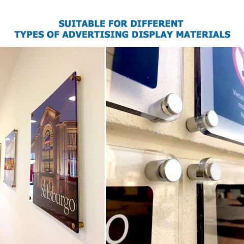 Straight Up Premium 12 Pack Aluminum Standoff Screws Wall Mount Hardware For Acrylic Signs And Glass Displays Featuring Slick Satin Chrome Finish Built Tough For Indoor Outdoor Advertising Boards with mounted displays.