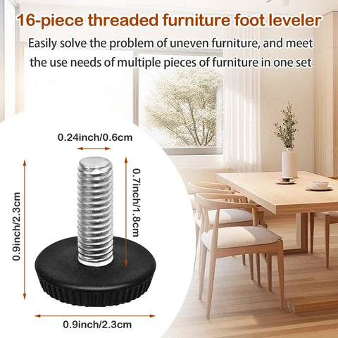 Adjustable Screw In Anti Slip Furniture Leveling Feet For Tables Chairs And Cabinets M6 Thread 16mm Screw 25mm Tall Black PP Base Zinc Plated Steel Rust Resistant Non Slip Levelers 16 Pack