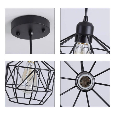 Industrial Pendant Light Fixture Black Basket Cage With E26 Base Rustic Farmhouse Ceiling Light socket and cage details
