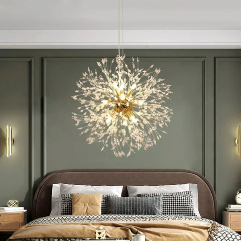 Gold Crystal Sputnik Ceiling Light Fixture Nine Light Pendant for modern bedroom with firework style design.
