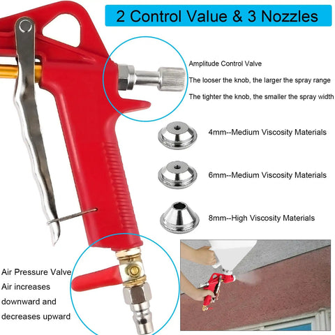 1.5 Gallon Air Hopper Texture Drywall Sprayer Featuring Three Precision Nozzles For Stucco Paint Popcorn Ceiling And Knockdown Finishes That Powers Through Walls No Sweat showing red gun with control valves and nozzles.