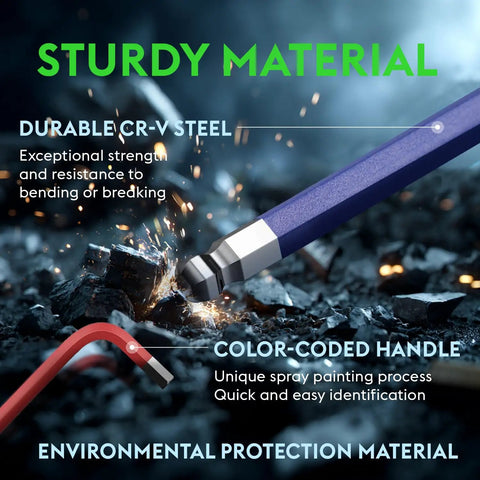 Durable CR-V steel Long Arm Ball End Hex Key Set 9pc Metric Allen Wrenches 1.5mm to 10mm with color-coded handles.