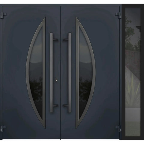 Slick Prehung Steel Double Front Doors Featuring Tinted Black Glass Sidelite Modern Right Inswing Entry System with contemporary design.