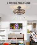 Caged Ceiling Fan With Lights For Farmhouse Vibe, Low Profile Flush Mount With Remote Control Indoor 6 Speed Rattan Blades