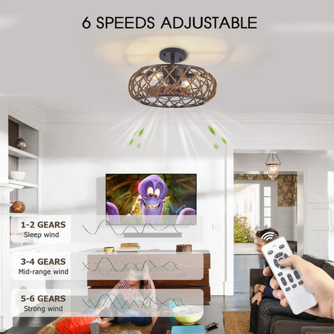 Caged Ceiling Fan With Lights For Farmhouse Vibe, Low Profile Flush Mount With Remote Control Indoor 6 Speed Rattan Blades