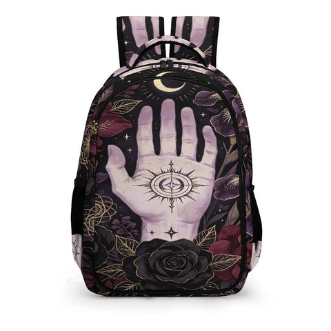Floral Palm Star Art Printed Unisex Backpack with large capacity, featuring a mystical hand and floral pattern on durable polyester.