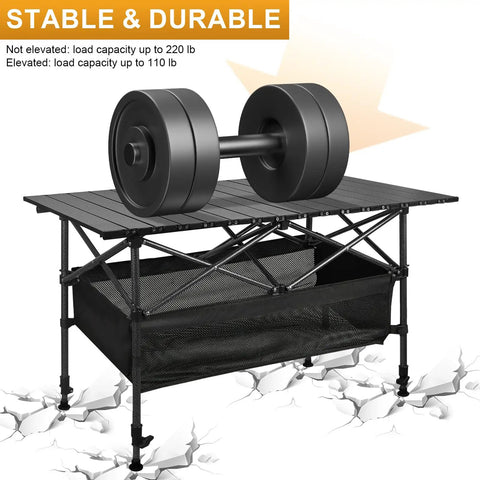 Folding Camping Table With Roll Up Top Height Adjustable Portable Metal Camp Table For Picnic Or Cookout Oversized Surface with Dumbbell