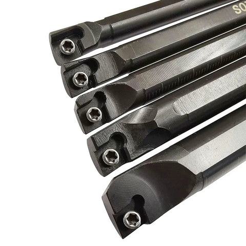 Close-up of 5-Piece Lathe Indexable Internal Boring Bar Set And Lathe Turning Tools Holder Kit With S06K S07K S08K S10K S12M SCLCR06