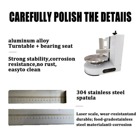 Automatic Cake Coating And Smoothing Machine For Home Or Bakery Portable Icing Tool shown with turntable and stainless steel spatula.