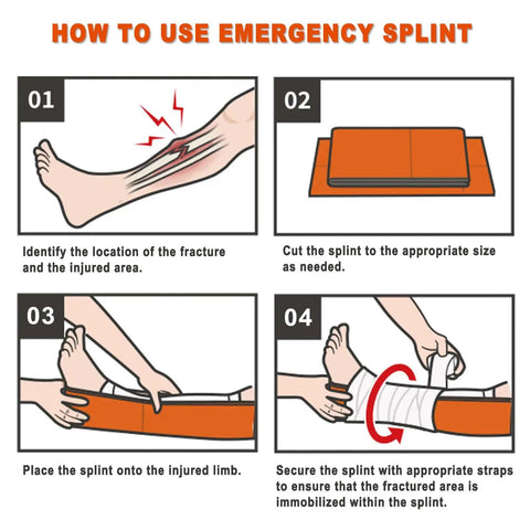 Illustration showing how to use a Universal Aluminum First Aid Splint Kit 36 Inch By 4.3 Inch Waterproof Medical Tactical Splint.
