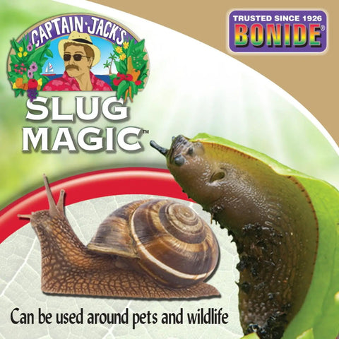 Packaging of Captain Jack's Slug Magic Granules 3 Lbs Snail And Slug Killer For Organic Garden Use Pet Safe Formula