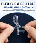 Hand holding Clear Rear Groove Valance Clip for Blinds, 1-7/8" size, flexible plastic for easy installation.