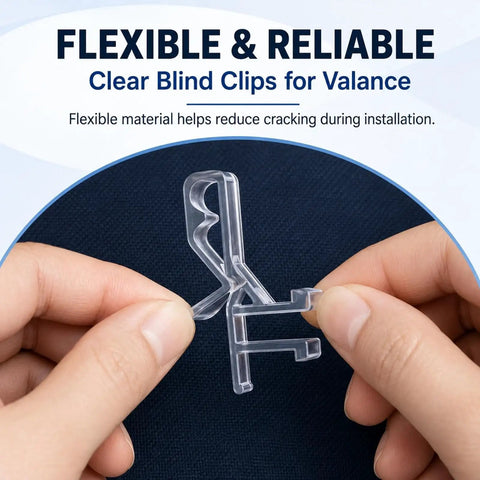 Hand holding Clear Rear Groove Valance Clip for Blinds, 1-7/8" size, flexible plastic for easy installation.