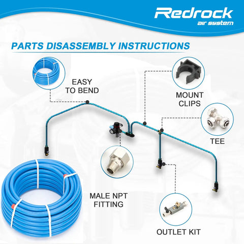 Leak Proof Air Compressor Piping Kit Half Inch HDPE Aluminum System Pro Grade 100 ft Run Easy To Install High Flow Air Lines For Garage Or Shop 200 PSI ASTM F1282 Compliant parts disassembly view
