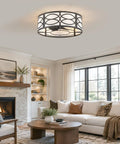akiuzna Boho Caged Ceiling Fan with Light and Remote, Low Profile Fandelier in modern living room setting with light on.