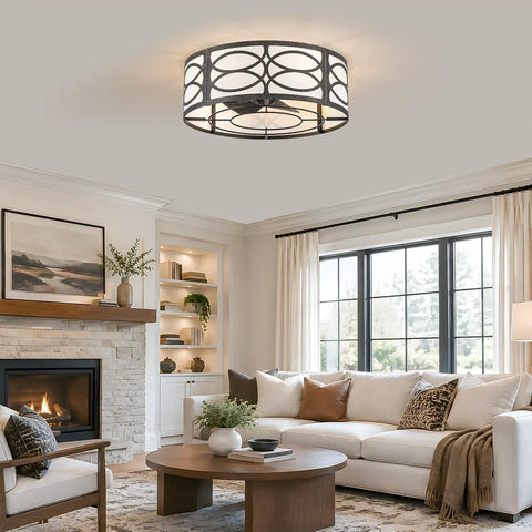 akiuzna Boho Caged Ceiling Fan with Light and Remote, Low Profile Fandelier in modern living room setting with light on.