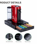 Dope Metal Nespresso Pod Holder Drawer For Vertuo 50 Pod Capacity Black Coffee Capsule Organizer shown under a red coffee maker.