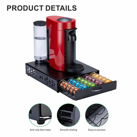 Dope Metal Nespresso Pod Holder Drawer For Vertuo 50 Pod Capacity Black Coffee Capsule Organizer shown under a red coffee maker.