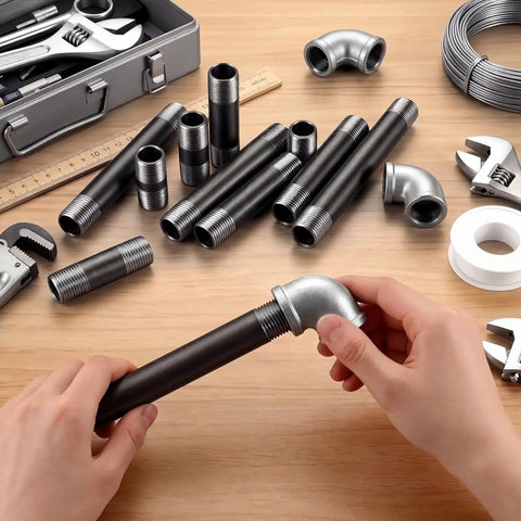 Hands assembling 66 Piece Half Inch Black Metal Pipe Nipples Set With 11 Size Assortment on a workbench with tools.