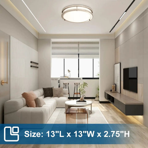 13 Inch LED Flush Mount Ceiling Light Fixture Dimmable Brushed Nickel Easy Install Flicker Free Low Profile Design installed in a modern living room.