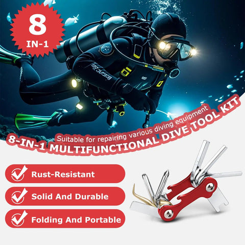 Scuba diver using All In One Diving Tool For Scuba Gear, 8 In 1 Folding Stainless Steel Multi Tool with hex wrenches.