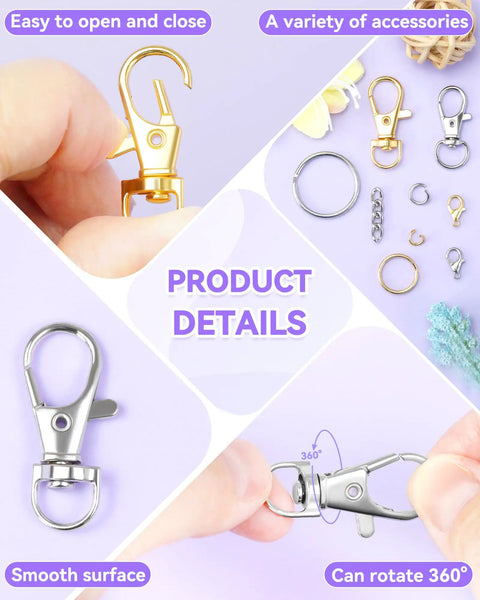 Totally Rad 990 Piece DIY Keychain Craft Kit Featuring Mixed Gold And Silver Assorted Metal Clasps Lobster Hooks And Swivel Snaps for keychain accessories.