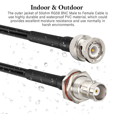 Close-up of 2 Pack 50 Ohm RG58 BNC Male to Female Coax Cable, 3 Foot Low Loss Antenna Extension with water-resistant jacket