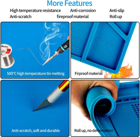 Pro Grade Silicone Repair Mat With Magnetic Features For Electronics Soldering in use with soldering iron and rolled for storage.