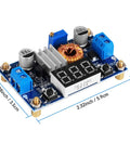 High Power Adjustable Buck Converter Module 5A 4-38V Input To 1.25-35V Output With 75W LED Display, dimensions shown