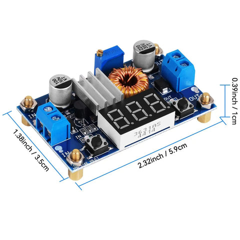 High Power Adjustable Buck Converter Module 5A 4-38V Input To 1.25-35V Output With 75W LED Display, dimensions shown