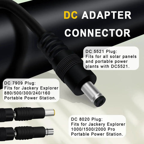 12 To 14AWG Solar Panel Cable 7Ft M C 4 To DC5521 With 8Mm, featuring adapter types for power station connection.