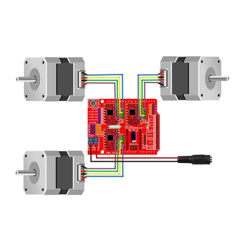 Badass V3.0 CNC Shield Expansion Board With A4988 Stepper Drivers connected to four stepper motors, showcasing wiring layout.