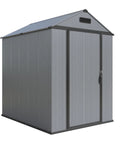 Resin Storage Shed 4x6 with Floor, Weatherproof Outdoor Plastic Tool Shed, front angled view with sloped roof and vents.
