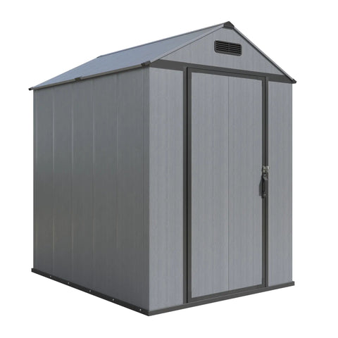 Resin Storage Shed 4x6 with Floor, Weatherproof Outdoor Plastic Tool Shed, front angled view with sloped roof and vents.