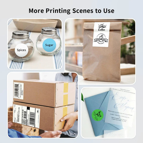 Various uses of labels printed by Bluetooth Thermal Label Printer With Built In Paper Bin Wireless Shipping Printer for iOS Android Windows.