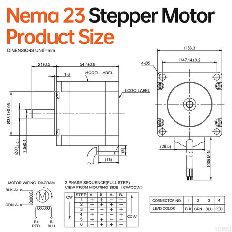 Three Pack Nema 23 Stepper Motors 2 Phase 1.8 Degree High Torque Bipolar 1.3Nm with detailed dimensions and wiring diagram