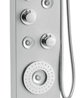 Close-up of the controls and jets on the 6-Mode Shower Panel System with Rainfall, Waterfall & 4 Body Massage Jets.