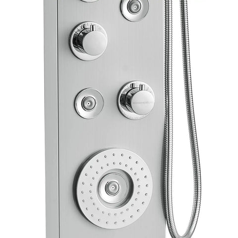 Close-up of the controls and jets on the 6-Mode Shower Panel System with Rainfall, Waterfall & 4 Body Massage Jets.