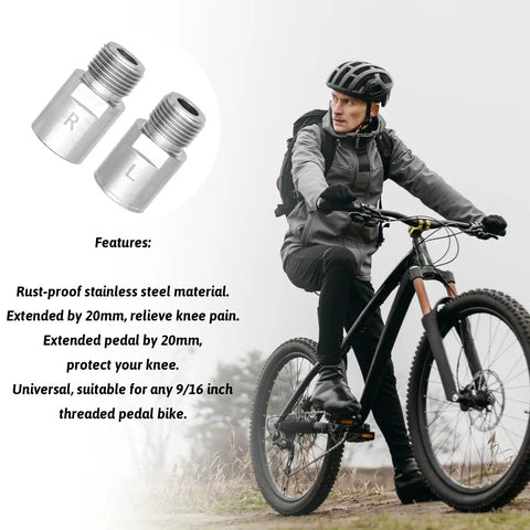 Heavy Duty Bike Pedal Extenders 1 Pair Steel Bicycle Pedal Adapters beside cyclist on mountain bike